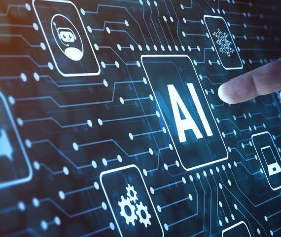Finger touching AI icon on a virtual screen