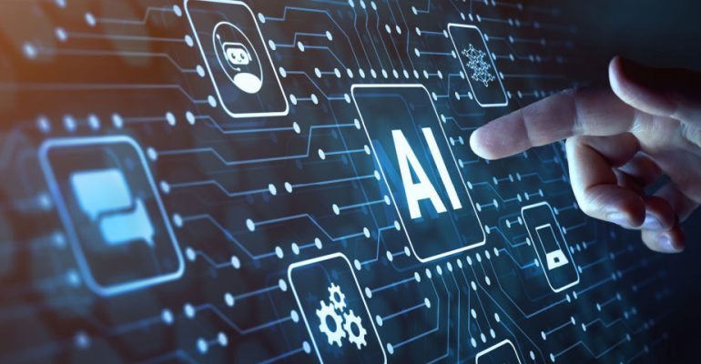Finger touching AI icon on a virtual screen