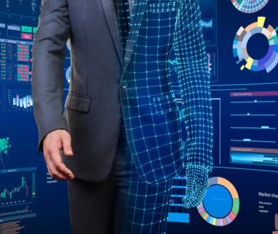 Businessman surrounded by virtual screens with a wireframe overlay