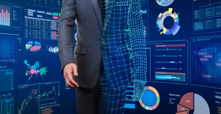Businessman surrounded by virtual screens with a wireframe overlay