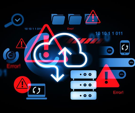 Cloud icon with server icons and error warnings being displayed