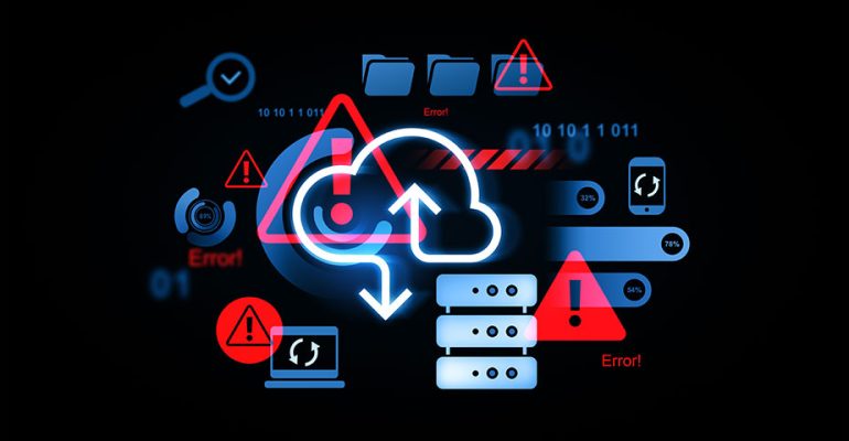 Cloud icon with server icons and error warnings being displayed