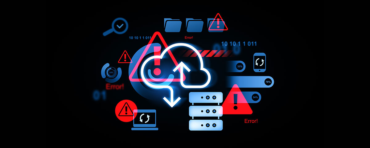 Cloud icon with server icons and error warnings being displayed