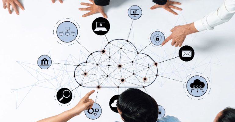 Aerial view of illustration depicting cloud technology concept