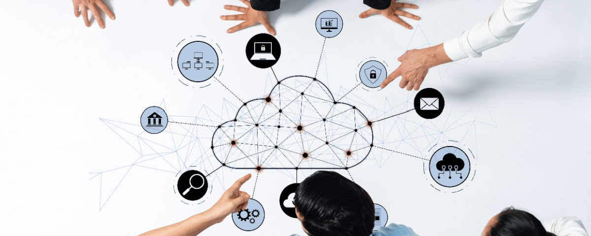 Aerial view of illustration depicting cloud technology concept