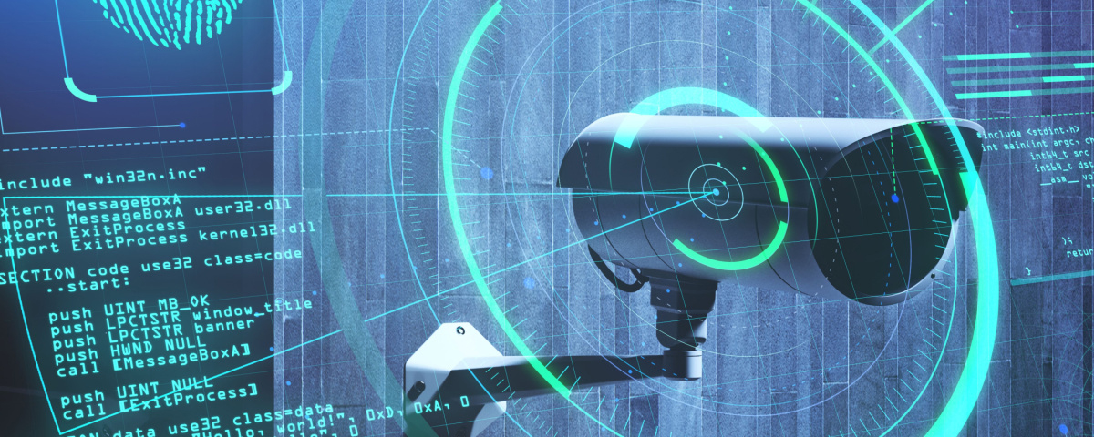 CCTV camera with cybersecurity code in the background