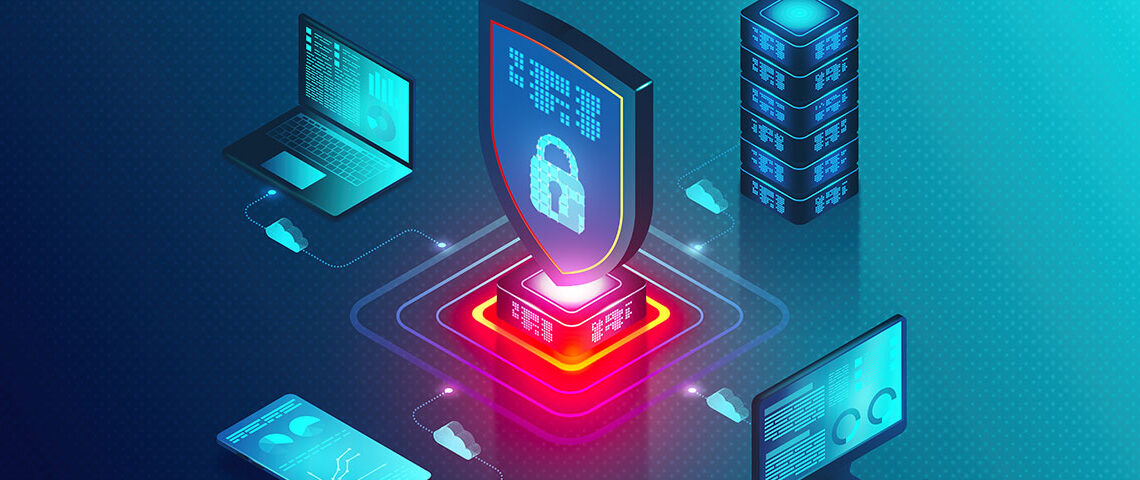 Lock icon in center of connected devices laptop, server, desktop,and smart phone