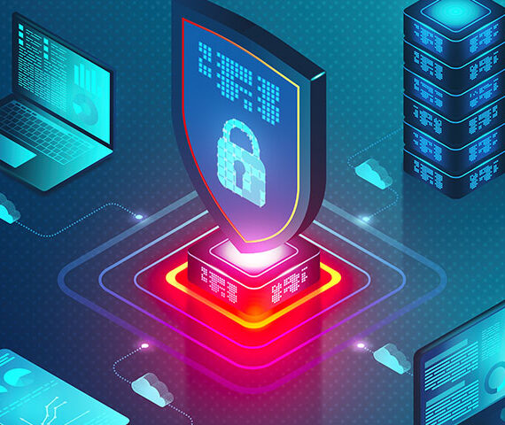 Lock icon in center of connected devices laptop, server, desktop,and smart phone