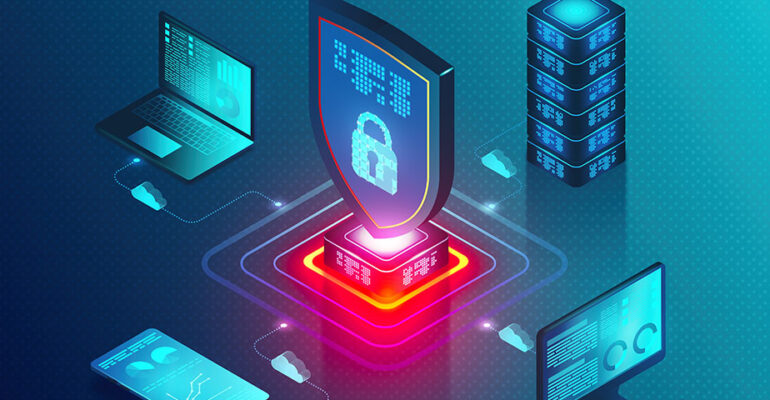 Lock icon in center of connected devices laptop, server, desktop,and smart phone