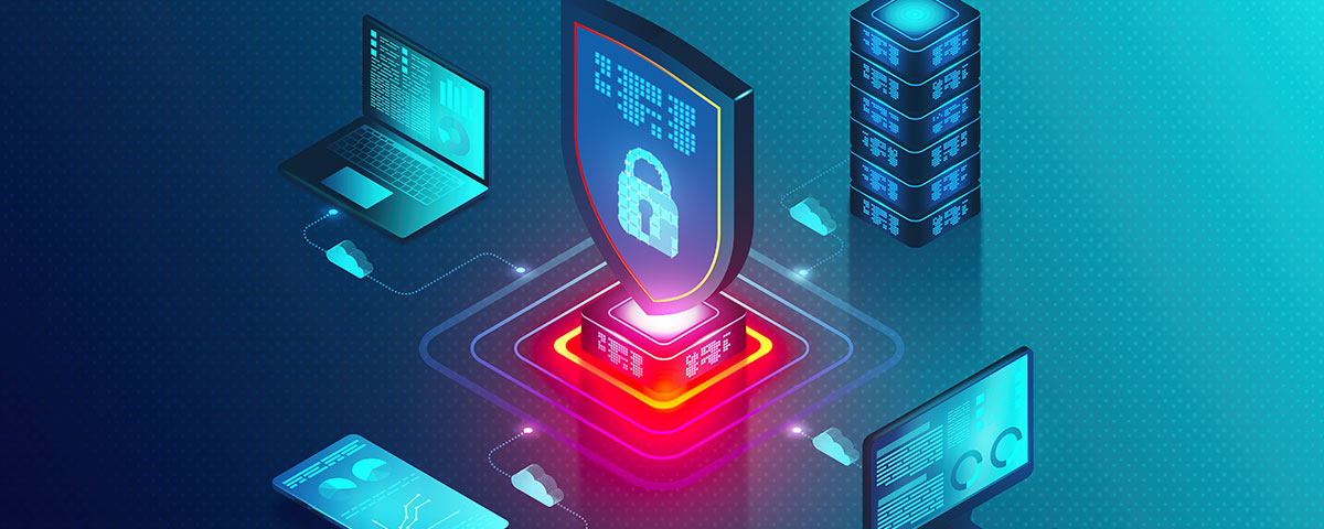 Lock icon in center of connected devices laptop, server, desktop,and smart phone