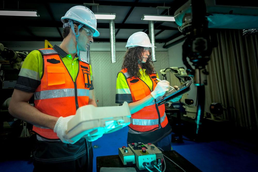 Two engineers in hard hats and safety vests using smart devices