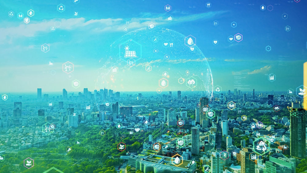 Aerial view of a city with an overlay with icons representing environmental technology