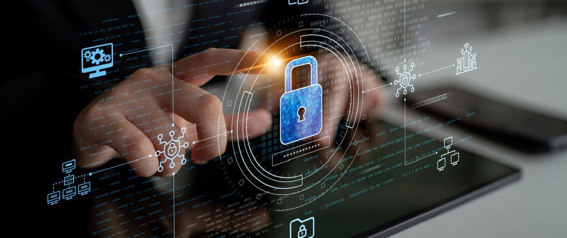 Finger touching virtual lock icon floating above a device