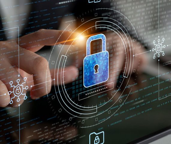 Finger touching virtual lock icon floating above a device