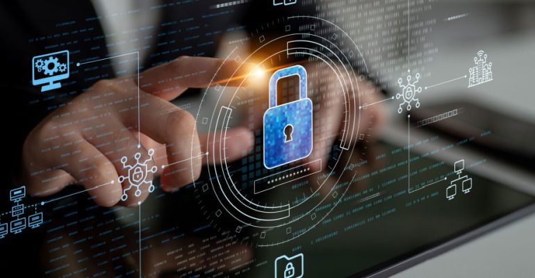 Finger touching virtual lock icon floating above a device