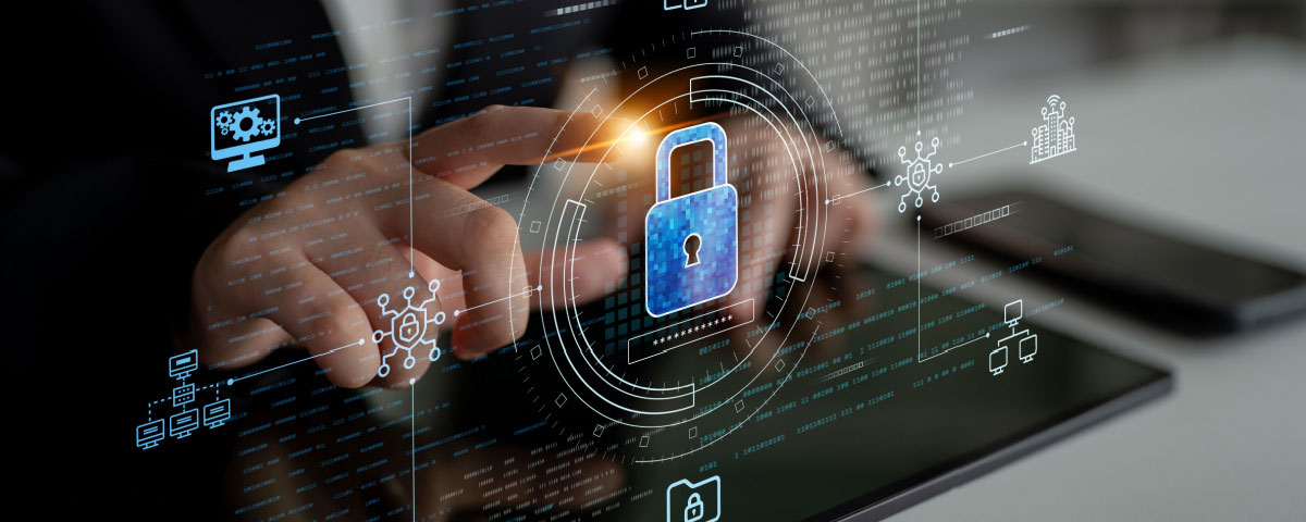 Finger touching virtual lock icon floating above a device