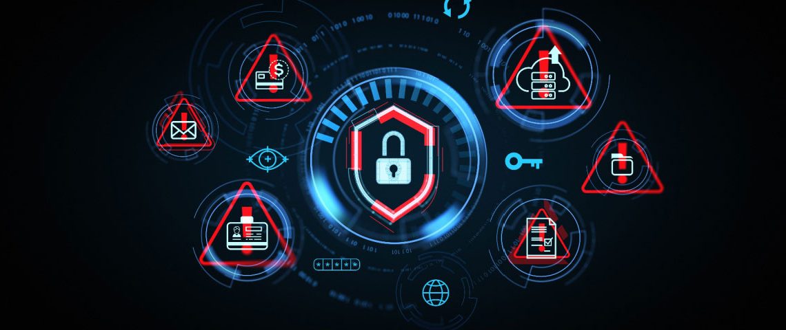 Neon cybersecurity icons floating on a black background