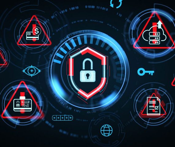Neon cybersecurity icons floating on a black background