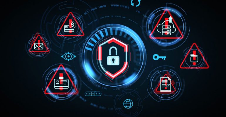 Neon cybersecurity icons floating on a black background