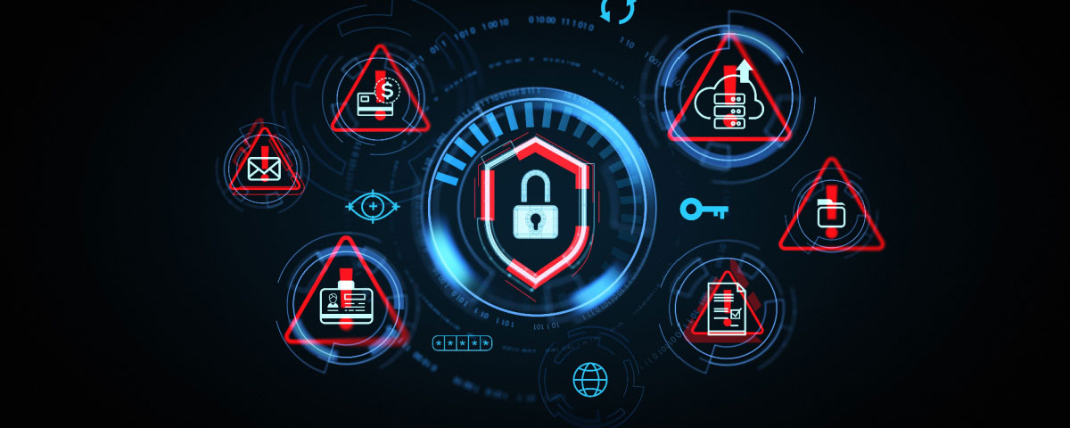 Neon cybersecurity icons floating on a black background