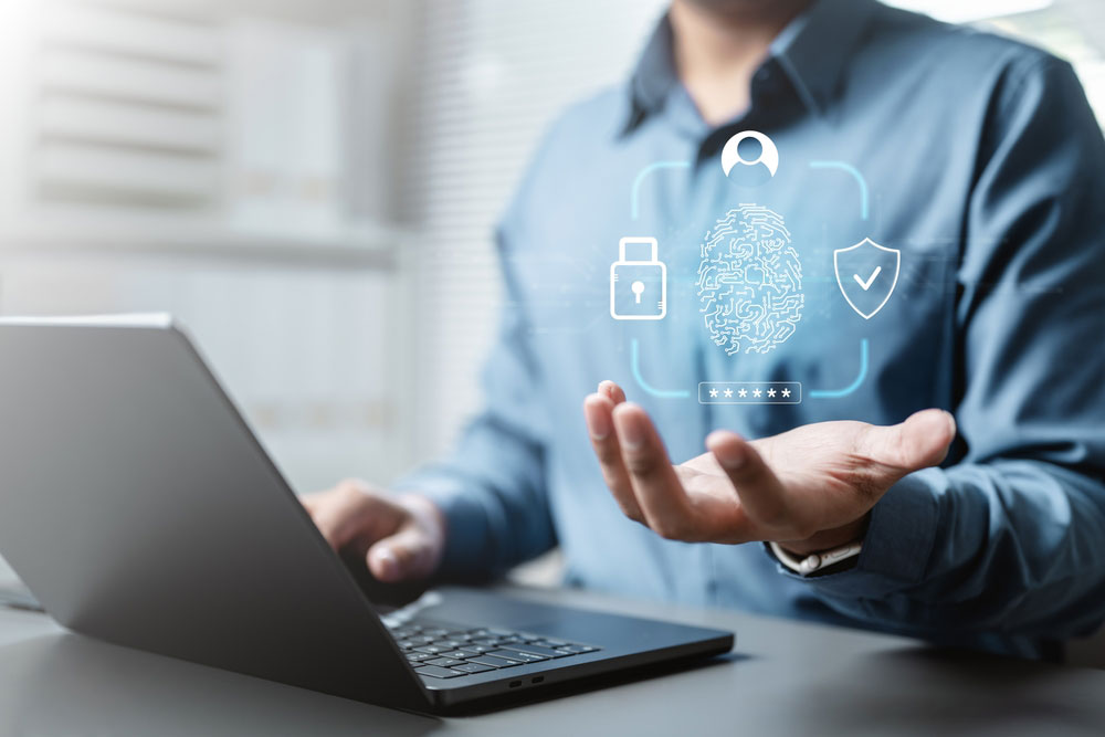 Person's hand palm up with a floating fingerprint icon above it