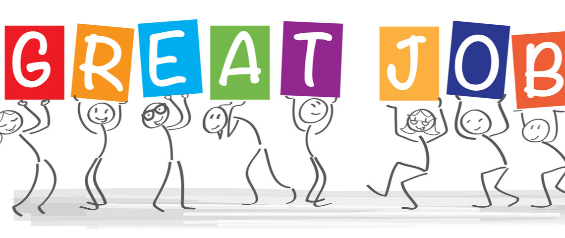 Stick figures holding letters that read great job