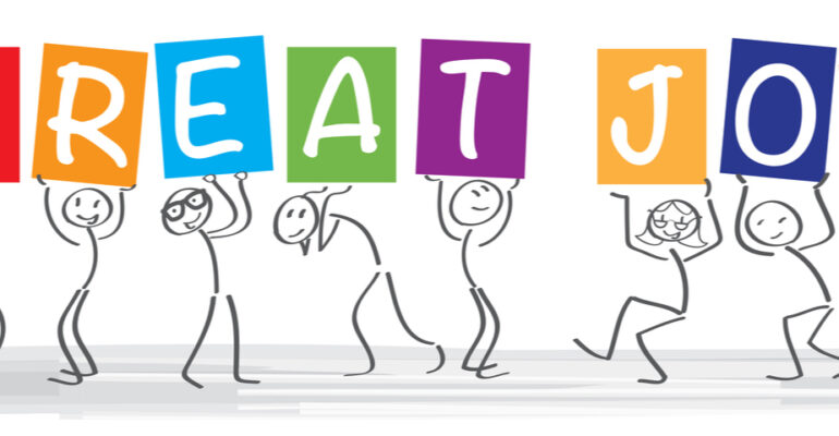 Stick figures holding letters that read great job