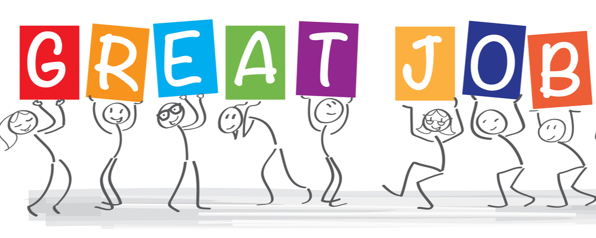 Stick figures holding letters that read great job