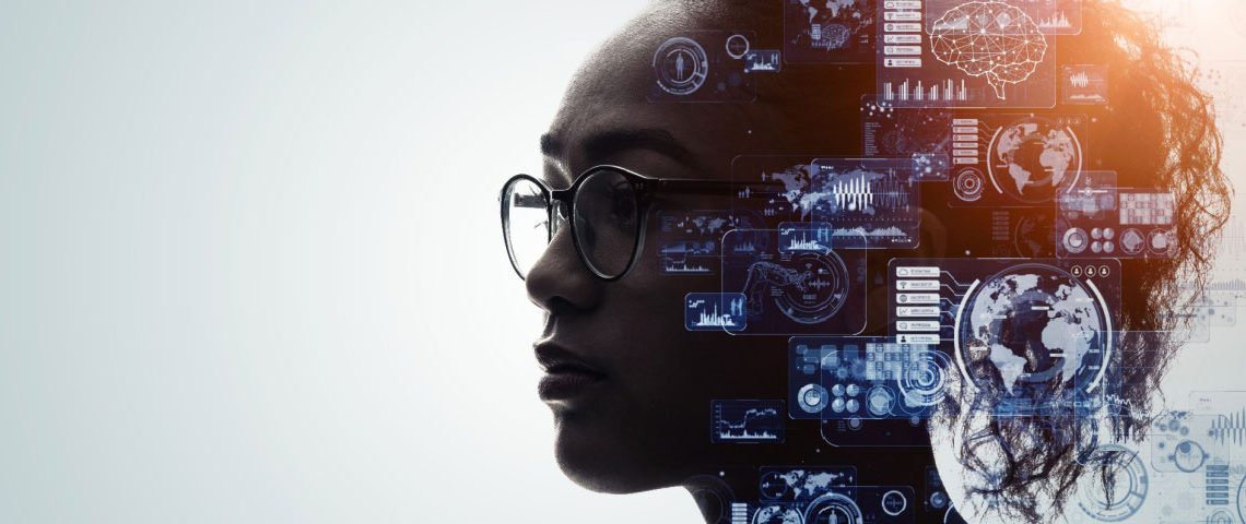 Profile of a woman wearing glasses with technology icons floating around her