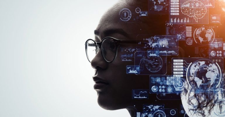 Profile of a woman wearing glasses with technology icons floating around her