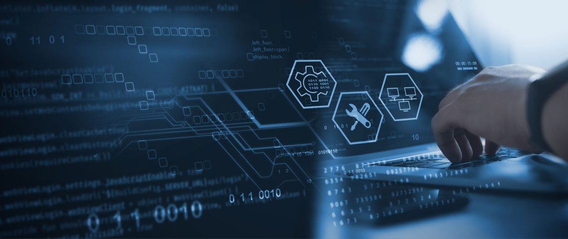 Programmer coding on laptop with IT icons floating above his hands