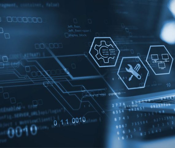 Programmer coding on laptop with IT icons floating above his hands