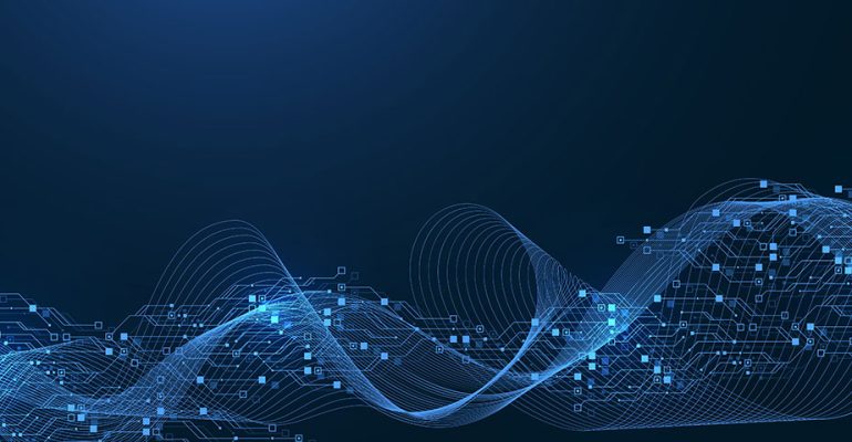 Computer waves with qubits representing quantum computing concept