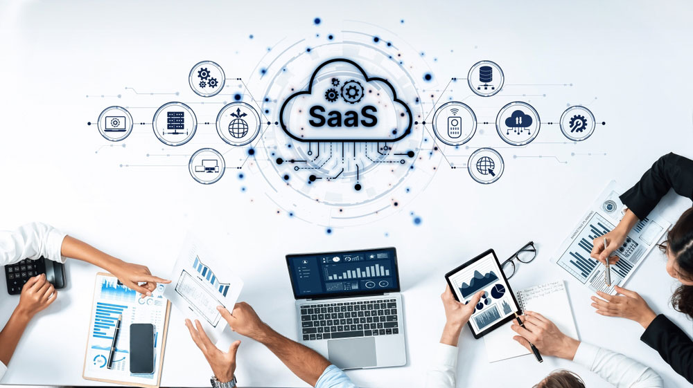 Aerial view of an illustration depicting the concept of SaaS strategies in the cloud