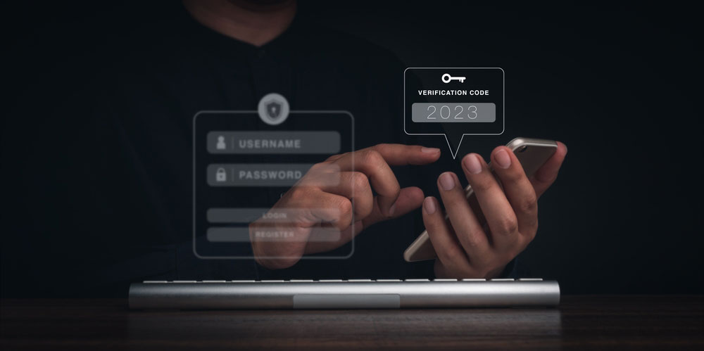 Hand holding smart phone with layover of multi-factor authentication display hovering above it