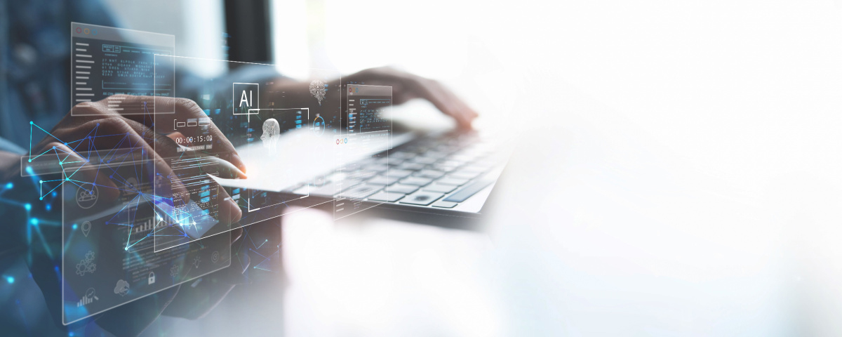 Hands typing on a computer keyboard with a virtual display floating above