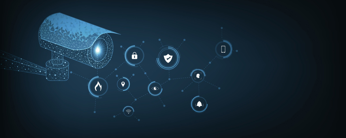 Illustration with video security camera and shild and lock icons