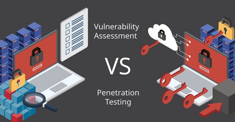 Illustration with concept and words for Vulnerability Assessmnet versus Penetration Testing