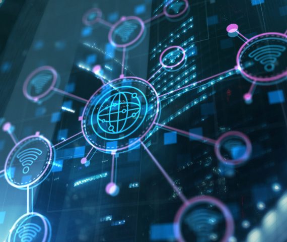 Wireless communication concept overlaying a cityscape