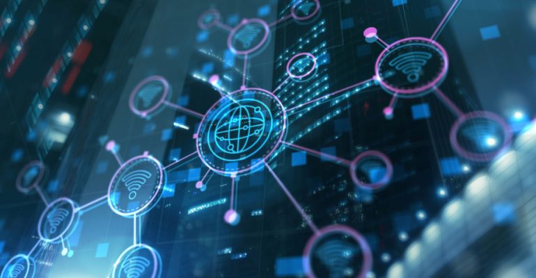 Wireless communication concept overlaying a cityscape