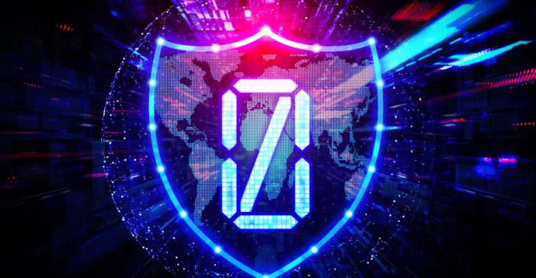 A zero displaying on a shield with colorfl lights streaming thorugh it ullustrating concept of the zero trust model in cybersecurity